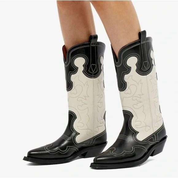 NWT GANNI  Mid Shaft Embroidered Western Cowboy Boots in Black/Egret Sz US 8 - Picture 3 of 17